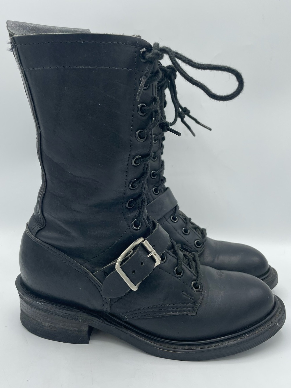 Double H Vintage Black Leather Lace-Up Combat Moto Boots with Buckle Strap. - Picture 2 of 16